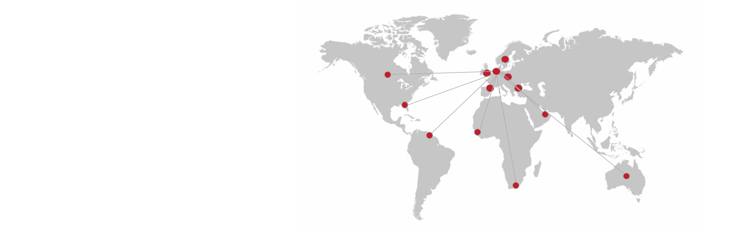 World map with red markers indicating locations